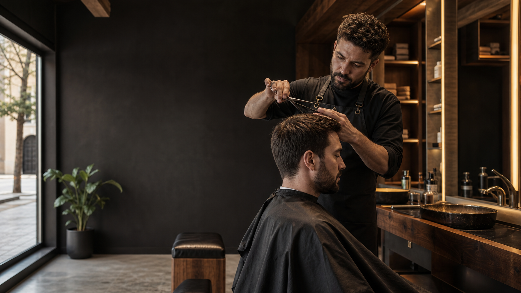 Barbero realizando un corte de precisión en Bruma